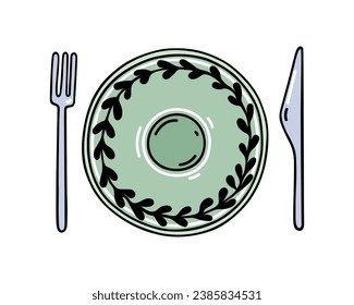 Plate, knife and fork vector icon. Vintage leaf pattern ceramic tableware, silver cutlery. Table setting for wedding, holiday. Beautiful kitchen utensils for a banquet, feast. Isolated flat clipart