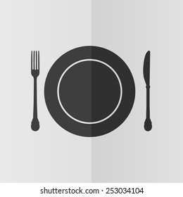 Plate knife and fork vector icon. Effect of folded paper. Flat design