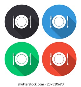 Plate knife and fork vector icon - colored(gray, blue, green, red) round buttons with long shadow