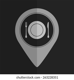 Plate knife and fork vector icon - map pointer. Flat design