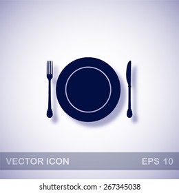 Plate knife and fork vector icon - dark blue illustration with blue shadow