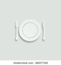 Plate knife and fork vector icon - paper illustration