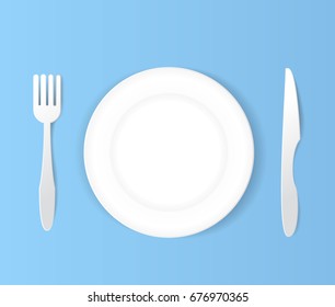 plate  knife and fork white set.paper art vector illustration