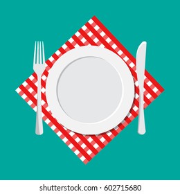 plate knife and forkon red checked cloth. vector illustration in flat style