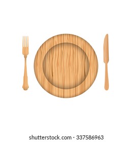 plate, knife made of wood isolated on white background