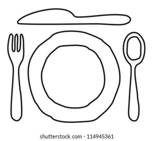 Plate, knife, spoon and fork