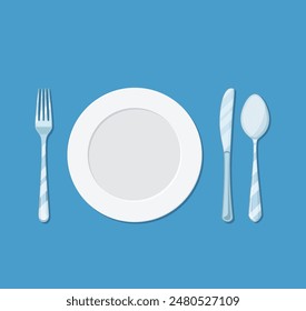 plate knife, spoon and fork icon isolated on blue background. vector illustration in flat style