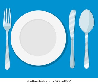 plate knife, spoon and fork icon isolated on blue background. vector illustration in flat style