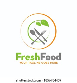 Plate, knive, spoon, fork, and Leaves image graphic iconc logo design abstract concept vector stock. Can be used as a button related to vegetarian restaurant or food