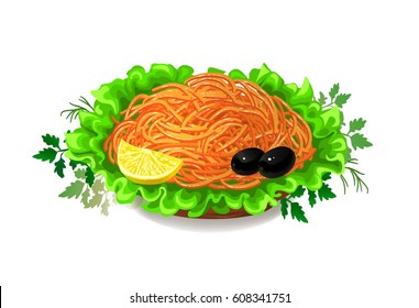 Plate with Korean carrot, lettuce, a slice of lemon and black olives isolated on a white background. Vector illustration.