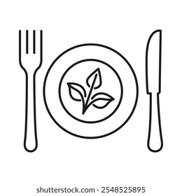 Plate With Leaf And Cutlery Representing Vegan Diet And Healthy Food. Vegetarian Food And Healthy Eating. Isolated Vector Illustration.