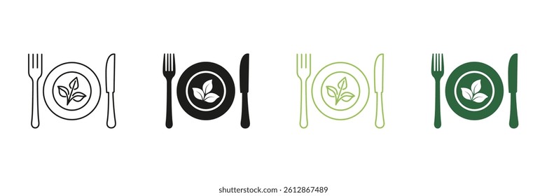 Plate With Leaf And Cutlery Representing Vegan Diet And Healthy Food. Vegetarian Food And Healthy Eating. Editable Stroke. Isolated Vector Illustration.