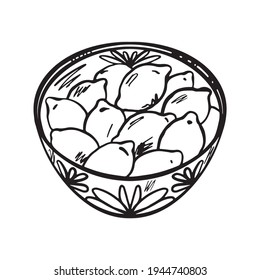 Plate with lemons doodle illustration, ceramic painted dish hand drawn doodle vector