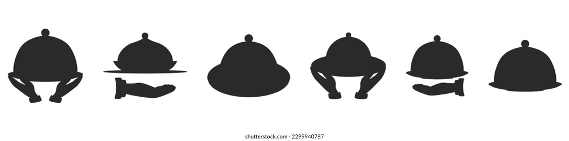  Plate with lid for dish, plate for serving food. Tableware for restaurants or hotels, icon, silhouette, waiter's hand in glove , vector