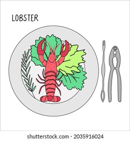 Placa con langosta, albahaca, ensalada y galletas de bogavante junto a su ilustración del vector doodle aislada en un fondo blanco. Delicioso marisco. Perfecto para la decoración del menú