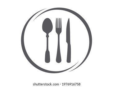 Plate logo with knife, spoon and fork on a white background.