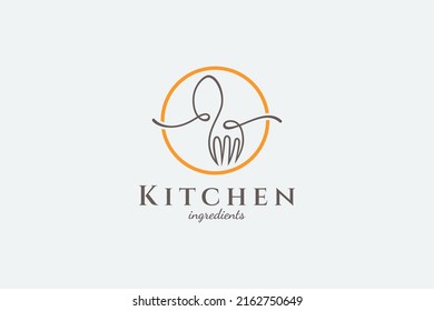 Plate logo with spoon and fork, simple line art design style, great for restaurant, culinary, food and kitchen