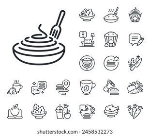 Plate with macaroni sign. Crepe, sweet popcorn and salad outline icons. Pasta dish line icon. Food bowl with fork symbol. Pasta dish line sign. Pasta spaghetti, fresh juice icon. Supply chain. Vector