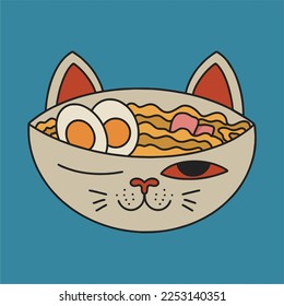 Plate with Maneki-neko pattern with noodles. Vintage asian japanese food sushi noodles with bacon and egg. Promo templates for a Japanese restaurant. Advertising with national oriental noodles.