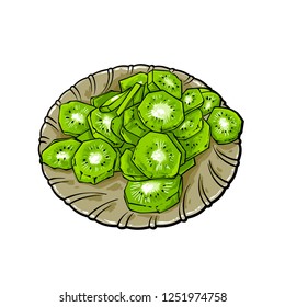Plate of many slices of kiwi, vector hand drawn sketch, vector illustration isolated on white background
