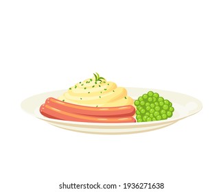 Plate of mashed potatoes with sausages and green peas. Vector illustration cartoon flat icon isolated on white background.