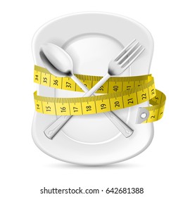 Plate with Measuring Tape and Crossed Fork and Spoon. Illustration on White