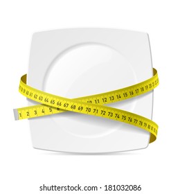 Plate with measuring tape - diet theme. Vector.