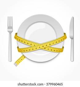 Plate with measuring tape, fork and knife. Conceptual illustration