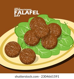 A plate of meat ball shaped dish commonly known as Falafel with vegetables and bold text on a dark brown background to celebrate International Falafel Day on June 12