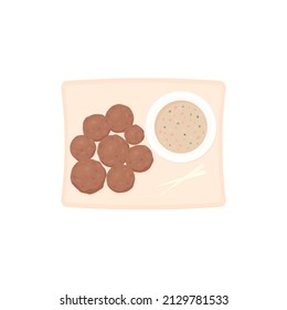 a plate of meat balls with peanut sauce. food. processed meat. flat cartoon illustration. concept design. element