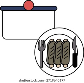 Un plato de carne con un cuchillo y un tenedor. La placa está sobre un fondo blanco