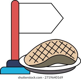 Se coloca un plato de carne en una mesa, con una bandera cerca. La bandera apunta hacia la carne, indicando que es el foco principal de la escena. Concepto de importancia e importancia