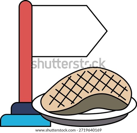 A plate of meat is placed on a table, with a flag nearby. The flag is pointing towards the meat, indicating that it is the main focus of the scene. Concept of importance and significance