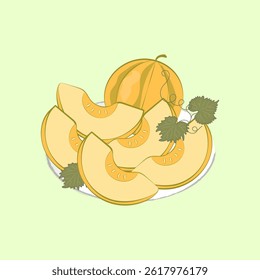 Plate with melon and its slices. For packaging and health content design. For organic juice labels, snack wrappers, tea and organic food boxes, summer detox blog posts, smoothie tutorials. Vector.