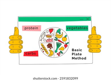 Plate Method for Healthy Eating and Balanced Nutrition. Food Groups Guide for Meal Planning. Healthy Eating Education: Macronutrients and Plate Method Concept. Vector flat style Illustration