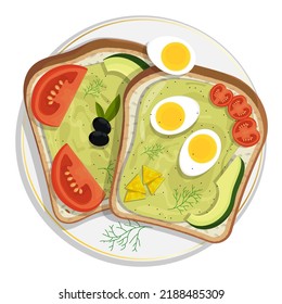 Plate con sándwich mexicano con salsa picante, aguacate, tomates y aceitunas. La vista de la azotea del desayuno es clara y saludable. Vector de caricatura aislado en fondo blanco