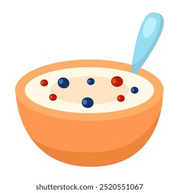 Um prato de mingau de leite. Aveia com bagas. Ilustração vetorial.
