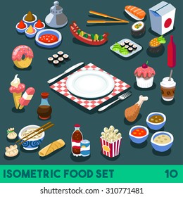 Plate Modular Food Elements Street Diet 3D Flat Vector Icon Set Isometric Restaurant Fastfood Infographic Concept Web Template Cola Fried Chips Chinese Box Coffee 