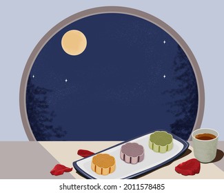 Plate of mooncake and tea on the table underneath the moonlight. They are near by the window with full moon night and tree scene outside the window. Mid autumn festival, hand drawing vector background