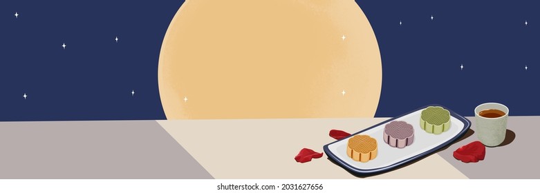 Plate of mooncake and tea on the table underneath the moonlight. They are near by the full moon night outside the building. Mid autumn festival, hand drawing vector background and website banner.