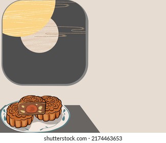 A plate of mooncakes on the table near the window that can see the moon outside. Room with mooncake and night scene full moon outside the window. Mid autumn festival backdrop. Vector ink brush style  