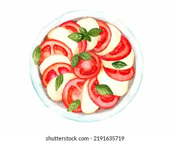 Plate con queso mozzarella, tomates y hojas de albahaca sobre un fondo blanco. Ilustración acuarela de ensalada caprese.