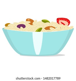 Plate with muesli on white background vector image. Healthy Breakfast of oat flakes, fruits and nuts in a plate vector isolated image