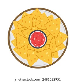 A plate with nachos and red salsa sauce in cartoon flat style isolated on white background top view. Vector illustration with Mexican traditional food.