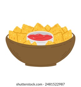 A plate with nachos and red salsa sauce in cartoon flat style isolated on white background. Vector illustration with Mexican traditional food