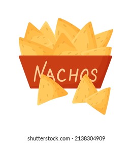 Plate of nachos vector illustration. Tortilla chips. Cartoon illustration isolated on white background.