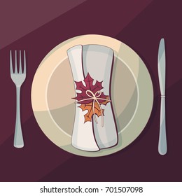 Plate with napkin and cutlery (knife and fork), autumn decor for Thanksgiving, vector illustration