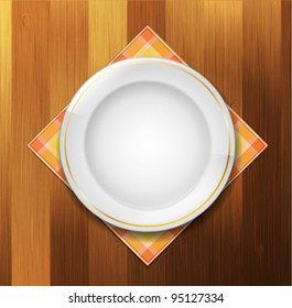 Plate with napkin on wood background