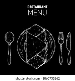Plate with napkin, spoon, fork and knife sketch. Top view. Hand drawn vector illustration. Vintage sketch. Table setting.