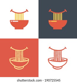 Plate with noodles and happy smile. Vector icon set. Logo template.